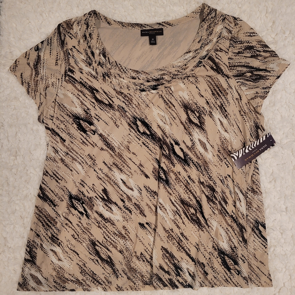 Dana Buchman Beige/Brown and Black Abstract Short Sleeve Top